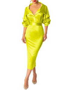 "Peridot" Chartreuse Midi Off Shoulder Dress