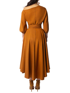 "Willow" Cognac Off Shoulder Swing Dress