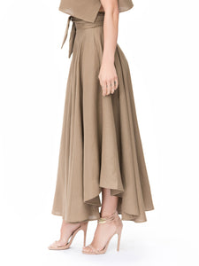 "Tulum" Khaki Belted Midi Swing Skirt